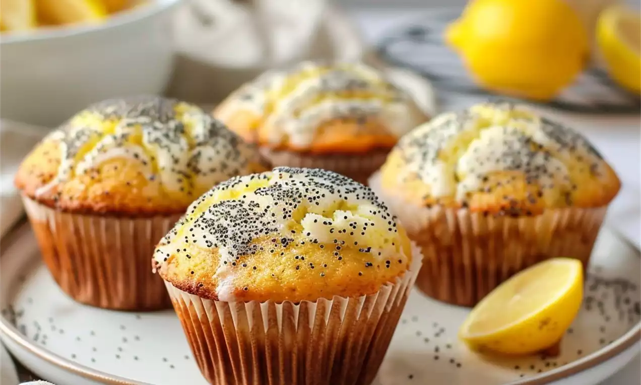 Lemon poppy seed muffins with domed tops speckled with black poppy seeds on a white plate, surrounded by fresh lemons and a linen cloth