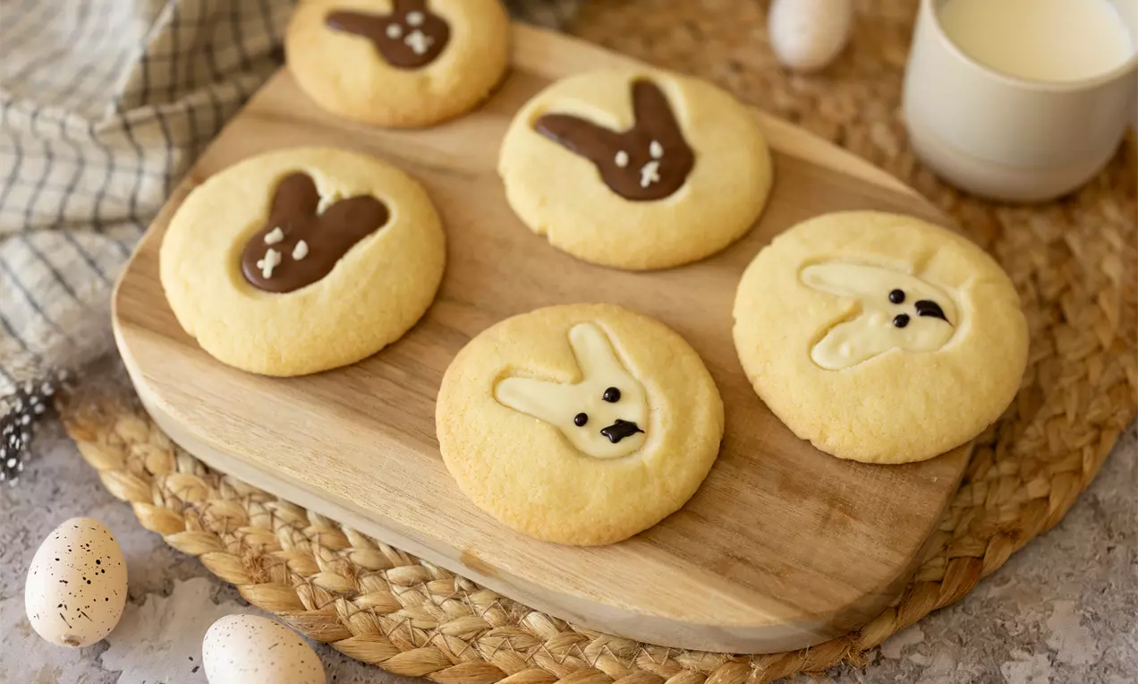 Biscuits ronds dorés décorés de motifs de lapins en chocolat noir et blanc posés sur une planche de bois avec des œufs et du lait