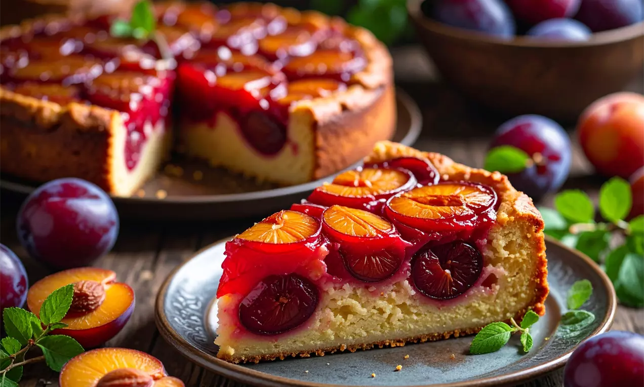 Upside-downkage med karameliserede blommer i røde og orange nuancer, saftig og let gylden, serveret på en tallerken med friske blommer og grønne blade