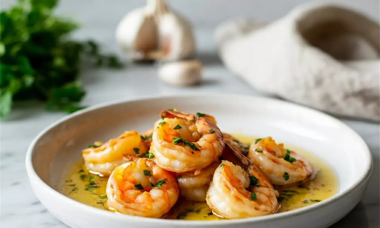 Picture - Pink prawns with curled tails glistening in golden butter sauce, speckled with green herbs and arranged on a white plate
