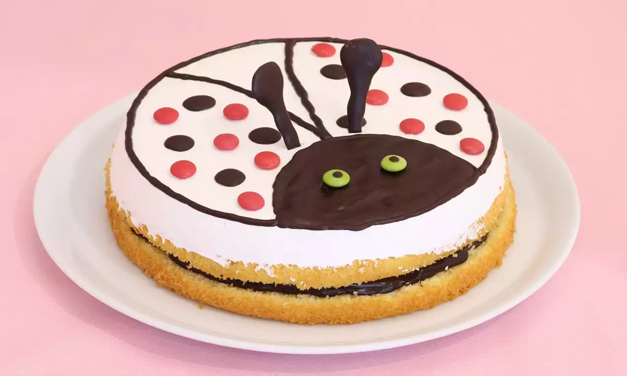 Pembe bir zeminde beyaz tabakta, uğur böceği şeklinde süslenen kırmızı ve siyah şekerlemelerle dekore edilmiş yuvarlak pandispanya keki