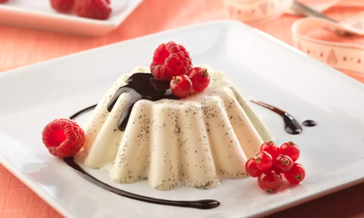 Panacota blanca con motas negras y textura suave, decorada con salsa de chocolate, frambuesas frescas y grosellas rojas sobre un plato blanco