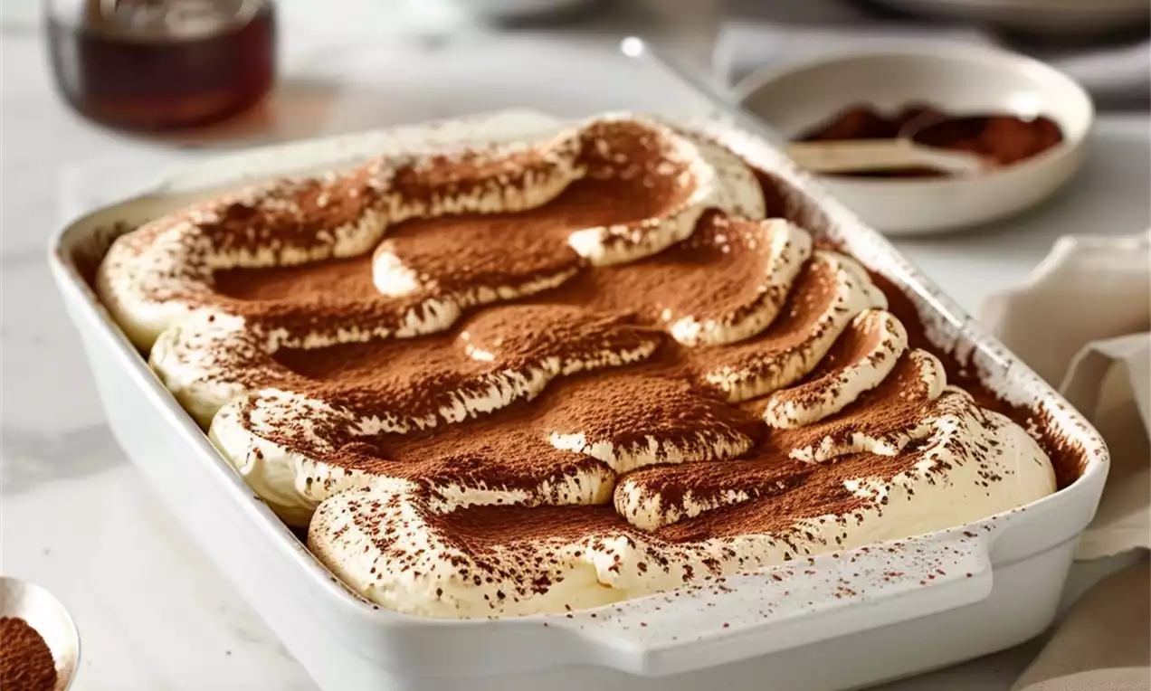 Tiramisu in a white rectangular dish with creamy layers swirled with cocoa powder, surrounded by spoons and plates on a marble table