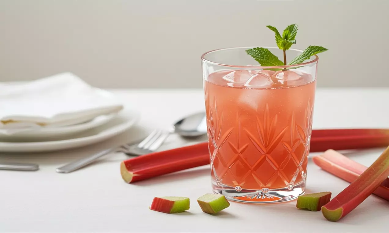 Розов пунш с лед в гравиран стъклен чаша, гарниран с свежи листа мента, заобиколен от розово-зелени парчета ревен върху бяла маса