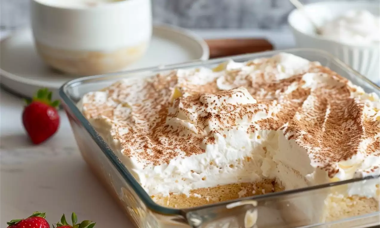 Tres Leches cake in a glass dish with soft whipped cream topped with cocoa powder, surrounded by fresh strawberries and a cup on a white plate