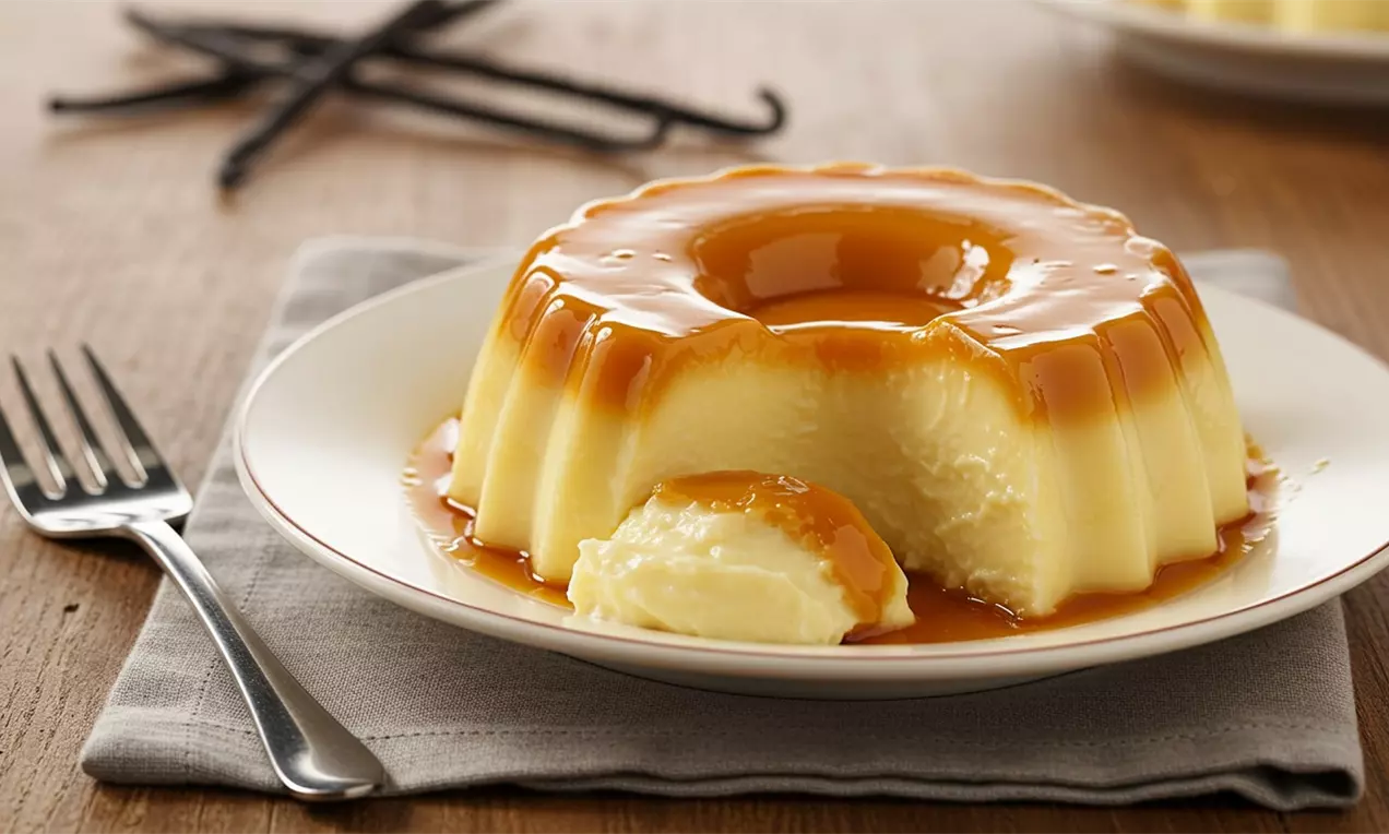 Pudim dourado com textura lisa e brilhante, calda de caramelo sobre a borda e uma fatia destacada em prato branco sobre guardanapo cinza