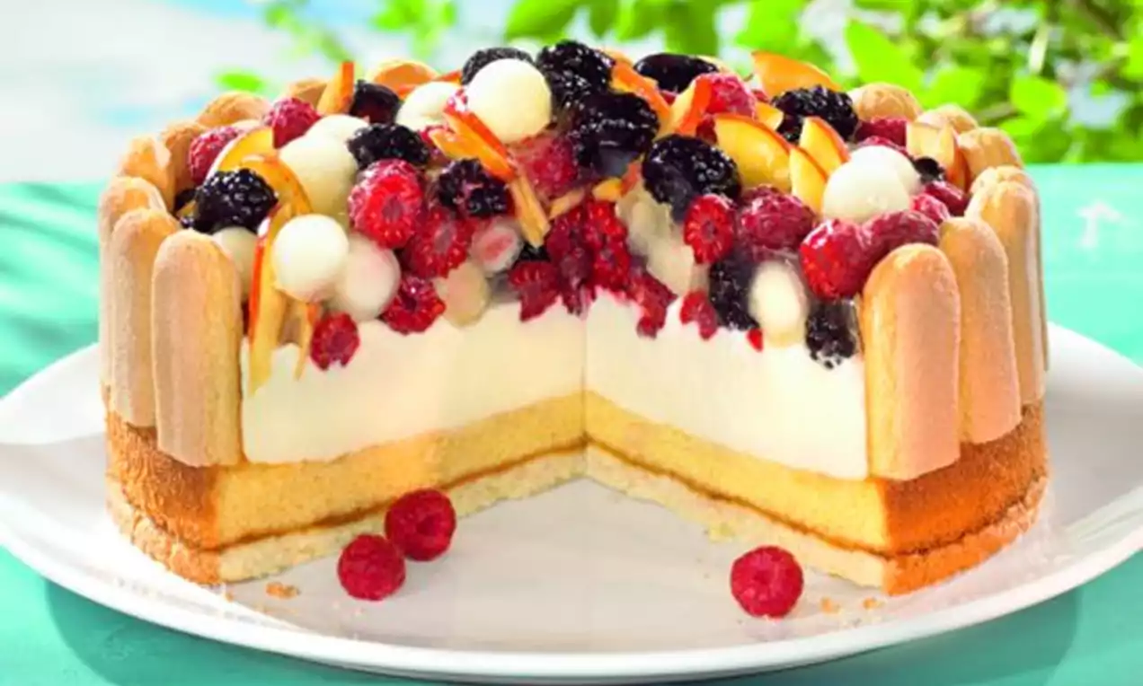 Fruchtige Quarktorte mit heller Füllung, goldgelbem Boden und buntem Obstbelag aus Beeren und Melonenkugeln in einem Rand aus Löffelbiskuits