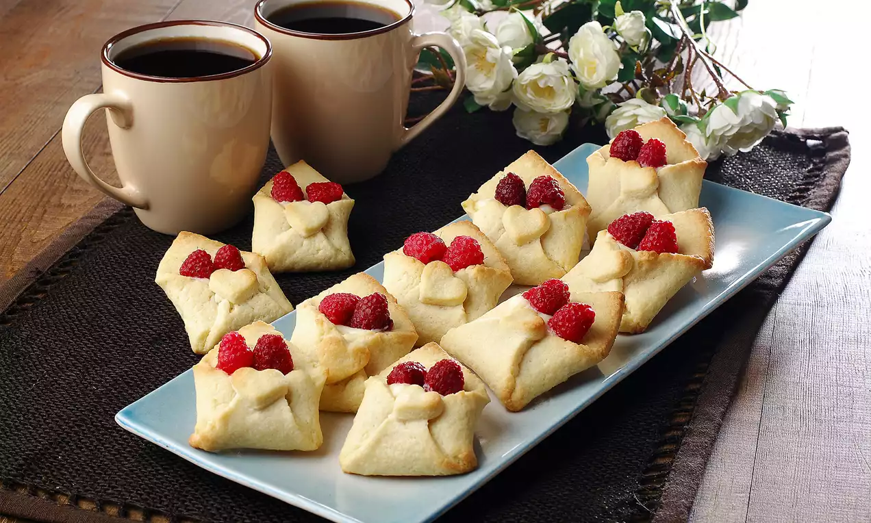 İçi kremalı hamurdan yapılan minik, açık zarf formlu tatlılar üzerine ahududu yerleştirilmiş, mavi tabakta kahve eşliğinde sunulmuş