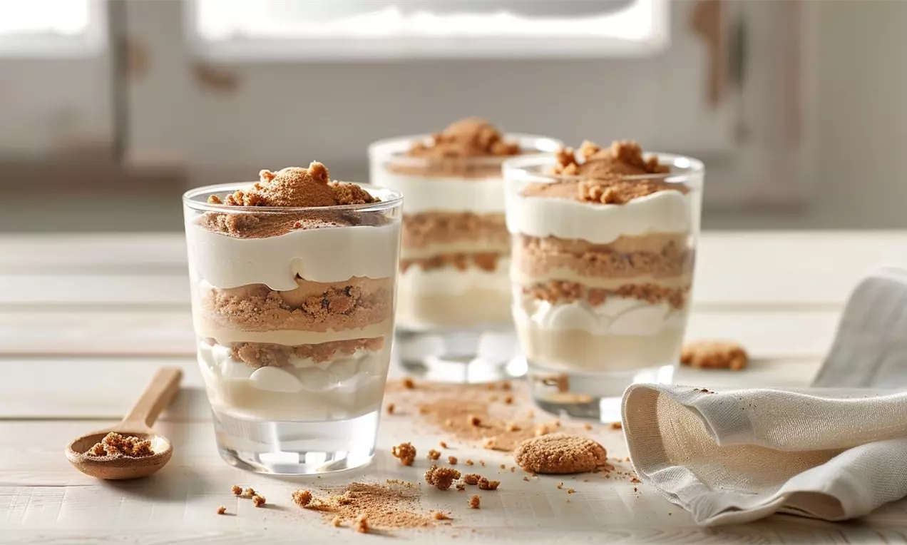 Glazen gevuld met laagjes romige witte mascarpone en kruimelige bruine speculaas, gegarneerd met koekkruimels op een lichte houten tafel