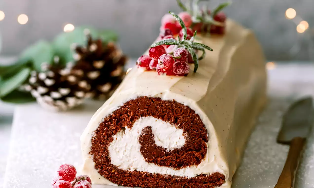 Picture - Chocolate Yule log with a spiral of white cream, coated in pale frosting, garnished with sugared cranberries and fir sprigs on a marble board