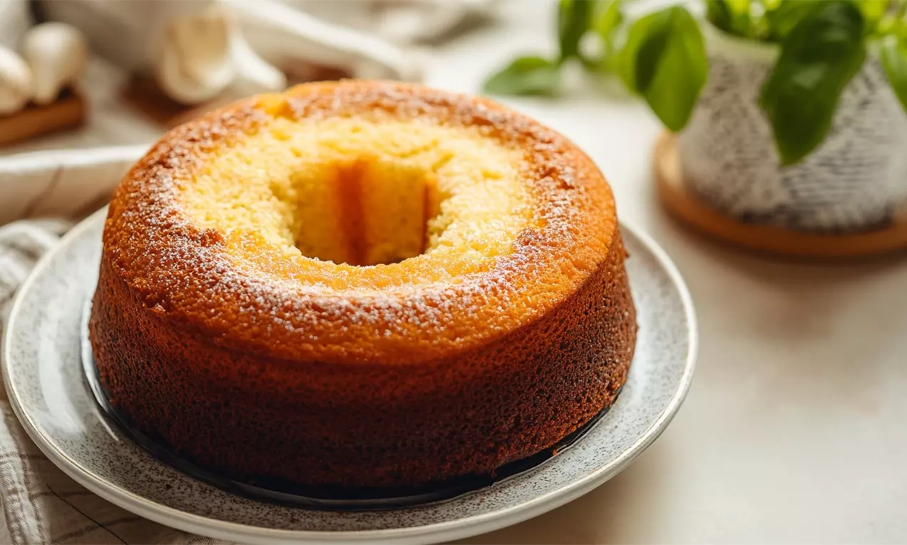 Bolo de fubá dourado com textura macia e levemente úmida, em formato de anel sobre prato cinza cercado por pano listrado e planta verde