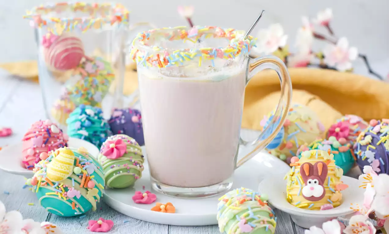 Färgglada chokladägg med dekorativa strössel och mönster på en vit tallrik bredvid glas med kant av strössel och ljus dryck