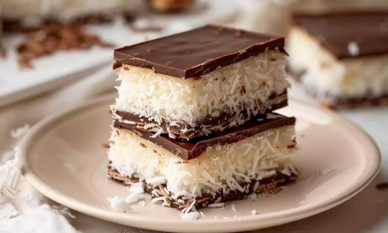 Bombons de chocolate cobertos com coco ralado branco, alguns cortados mostrando recheio cremoso, sobre prato branco decorativo