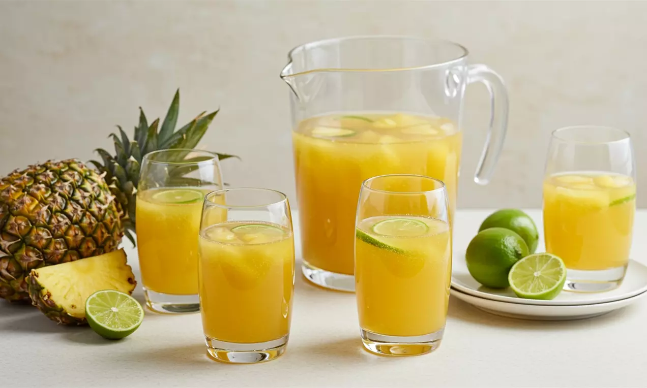 Гладък жълт пунш в стъклен кана и чаши, украсен с резени лайм, заобиколен от свежи ананаси и лайм върху светъл фон