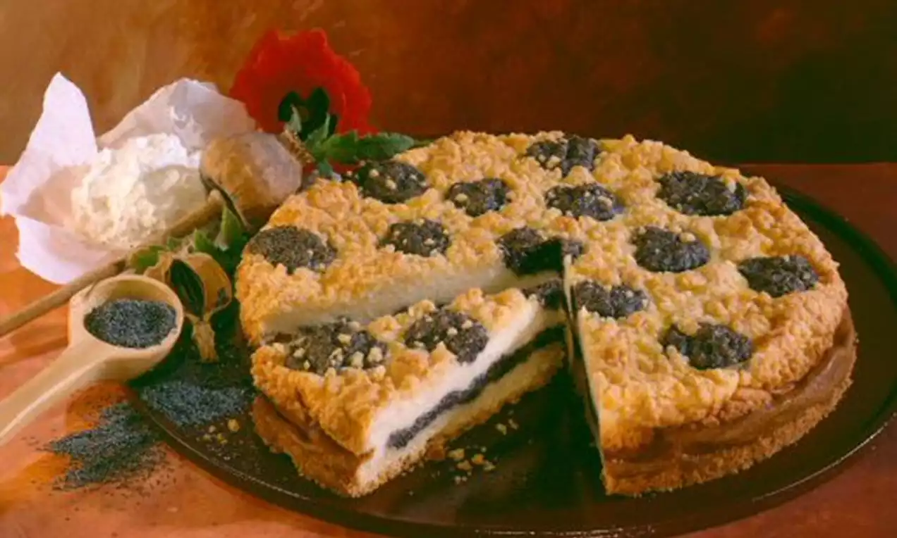 Mohn-Klecksel-Kuchen mit blassgelber Quarkschicht, dunklen Mohnflecken und Streuseln auf braunem Keramikteller, umgeben von Mohn und Blüten