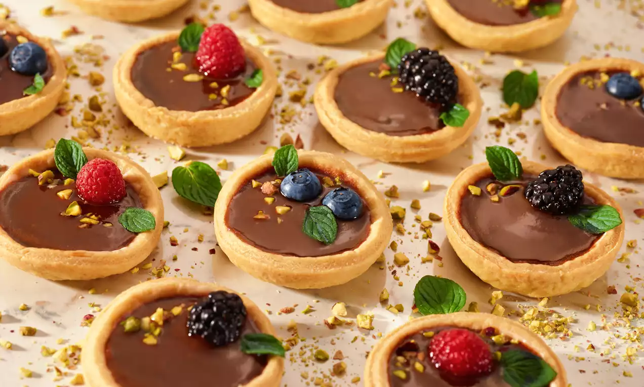 Male tortice svijetlih prhkih podloga s tamnim čokoladnim nadjevom, ukrašene svježim bobičastim voćem, listićima mente i nasjeckanim pistacijama