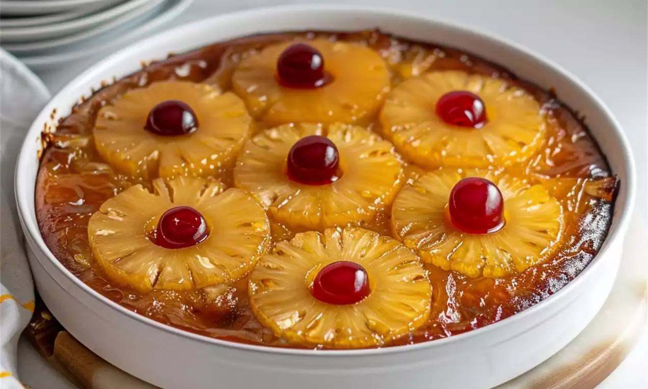 Golden caramelized pineapple slices arranged in a circular pattern with glossy red cherries atop a moist cake in a round white dish