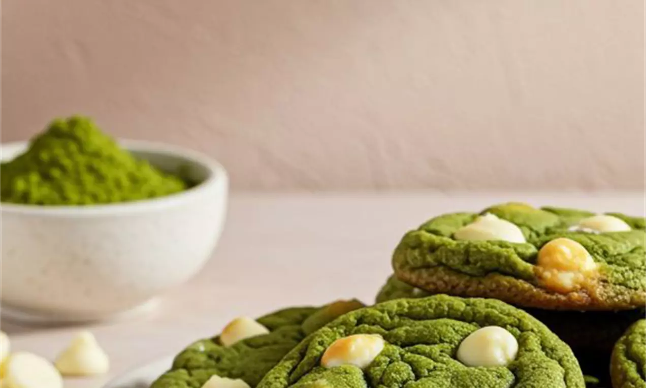 Picture - Matcha cookies vibrant green and soft, dotted with smooth white chocolate chips, stacked on a white plate beside matcha powder and chips