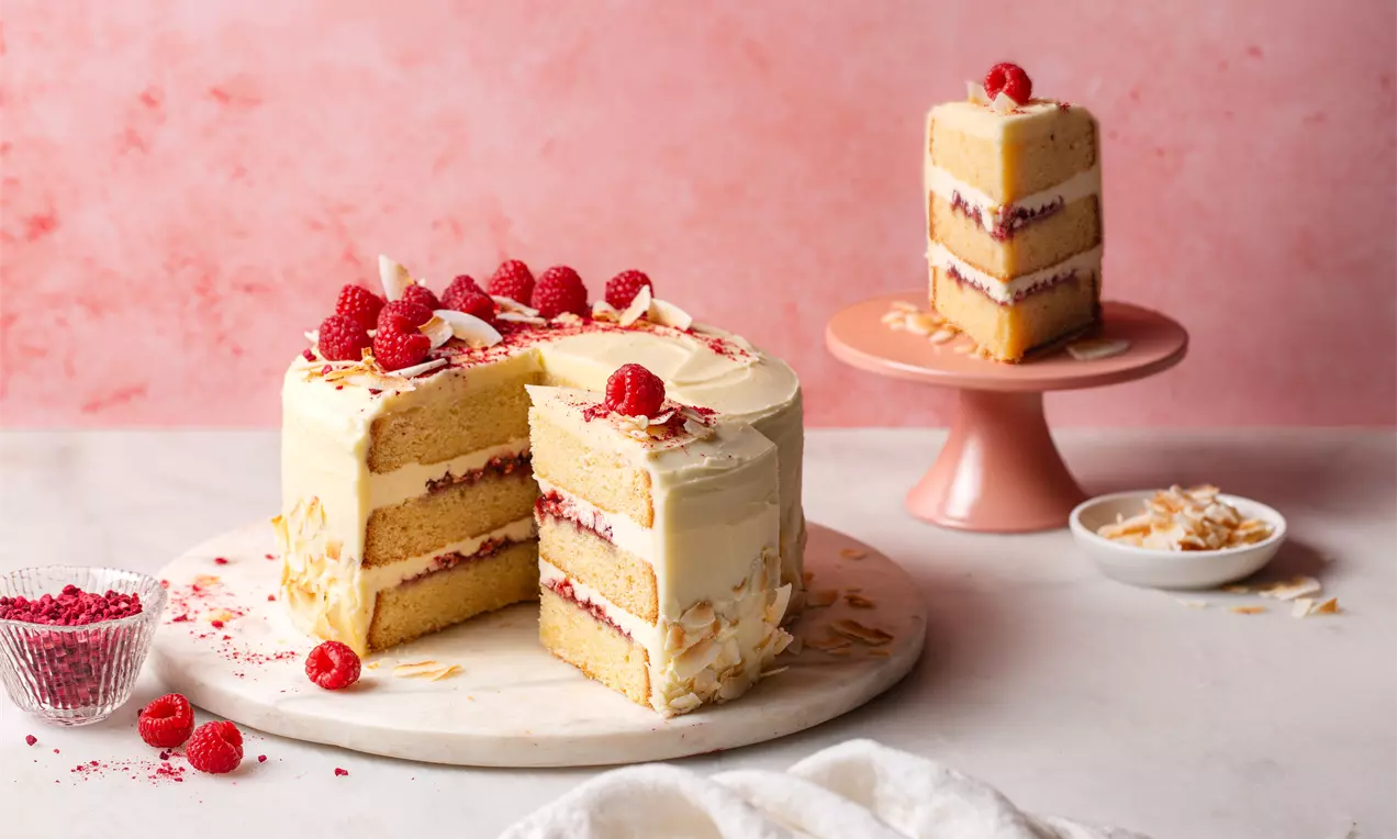 Picture - Layered coconut cake with smooth cream icing, fresh raspberries, toasted coconut flakes and raspberry crumbs on a round marble plate