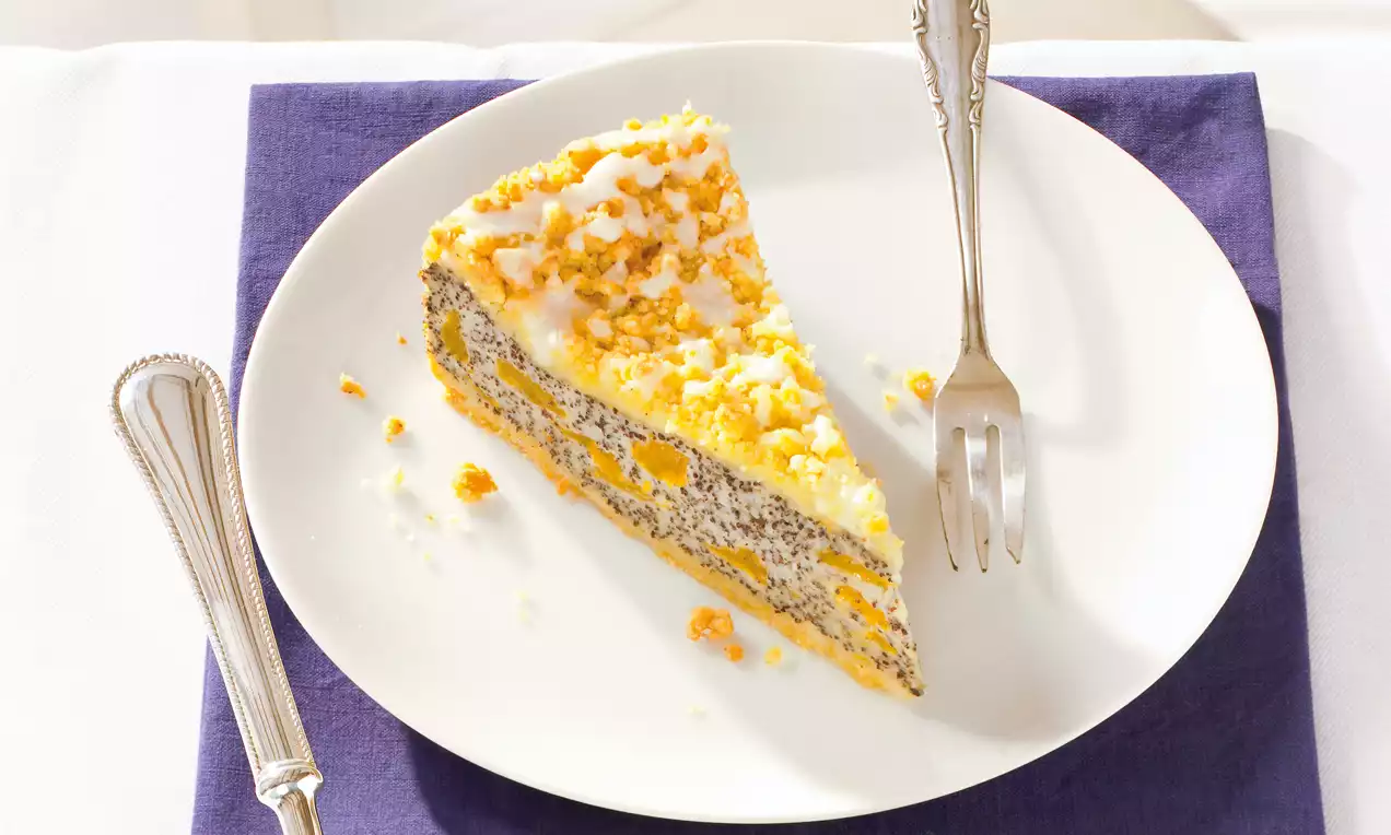 Ein Stück Mandarinen-Mohn-Kuchen mit dichtem, dunklem Mohnteig, saftigen Mandarinenstückchen und weißer Glasur auf einem weißen Teller