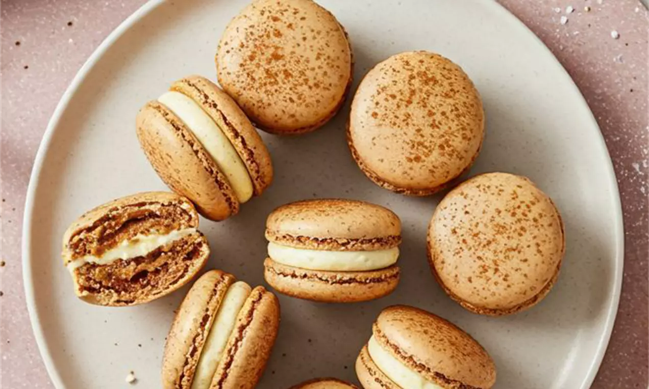 Picture - Warm beige gingerbread macarons with speckled shells and smooth vanilla filling on a round white plate, surrounded by festive spices