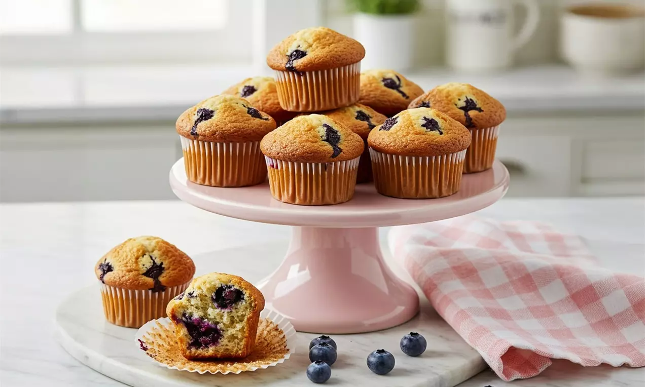 Golden blueberry muffins with deep purple bursts, some nestled on a pink cake stand and others on a marble slab with fresh berries scattered nearby