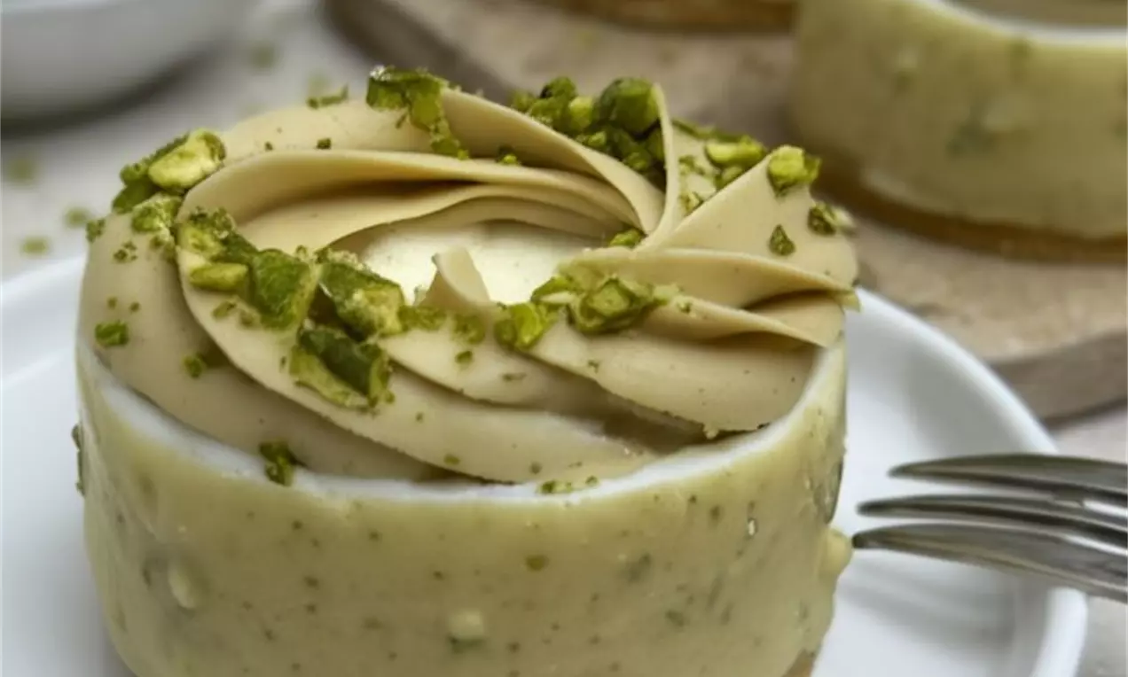 Picture - Kleine weiße Torte mit cremiger Pistazienglasur, elegant verziert mit weißen Schokoladenrosetten und gehackten Pistazien auf weißem Teller
