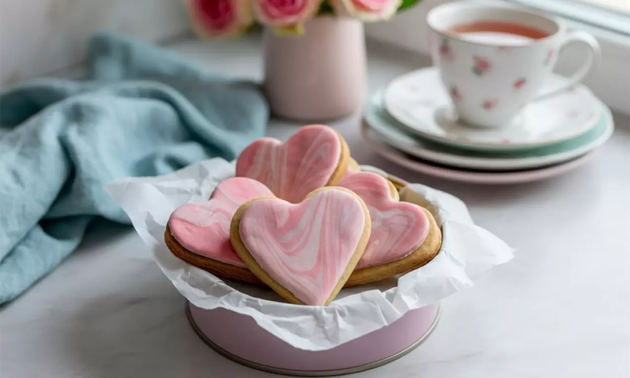 Herzförmige Kekse mit rosa-weißer Marmor-Glasur auf weißem Backpapier in einer rosa Dose, im Hintergrund Tee und Rosendekoration