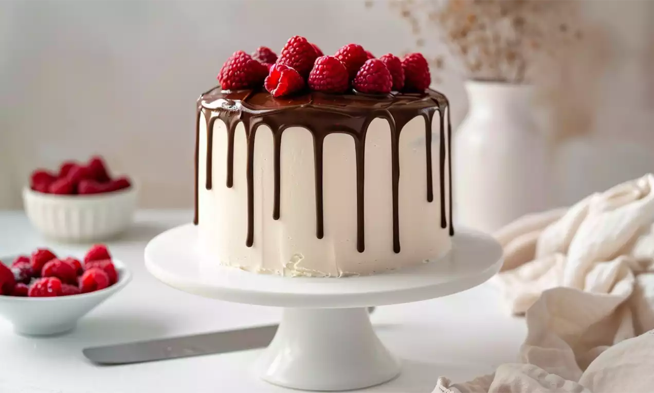 Weiße Torte mit glatter Oberfläche, dunklem Schokodrip und frischen Himbeeren als Krone auf weißer Tortenplatte mit Himbeerschälchen