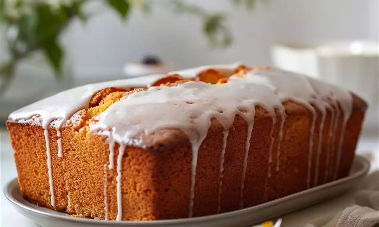 Golden brown pound cake with a glossy white glaze dripping over the edges, served on a white plate with delicate white flowers nearby