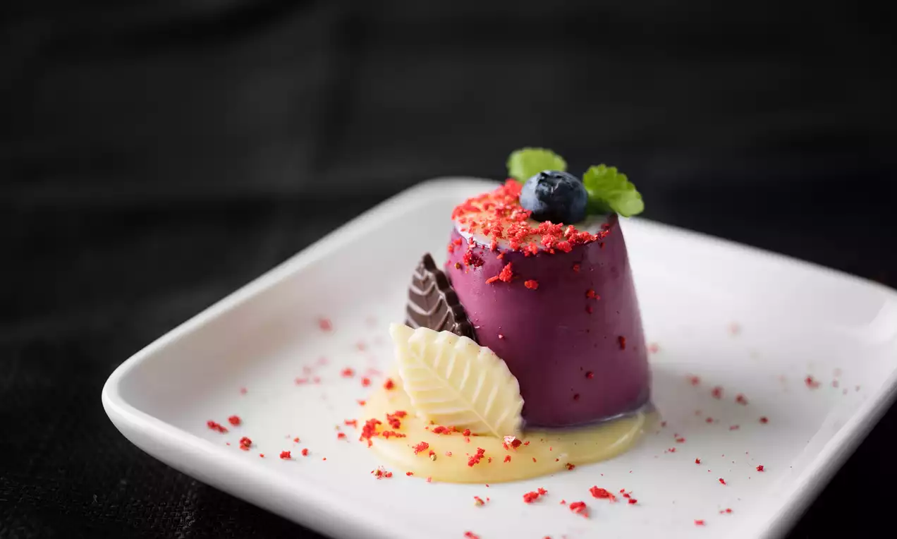 Lilla dessert med glatt tekstur toppet med røde smuler, blåbær og mynteblad, liggende på gul saus med dekorative sjokoladestykker