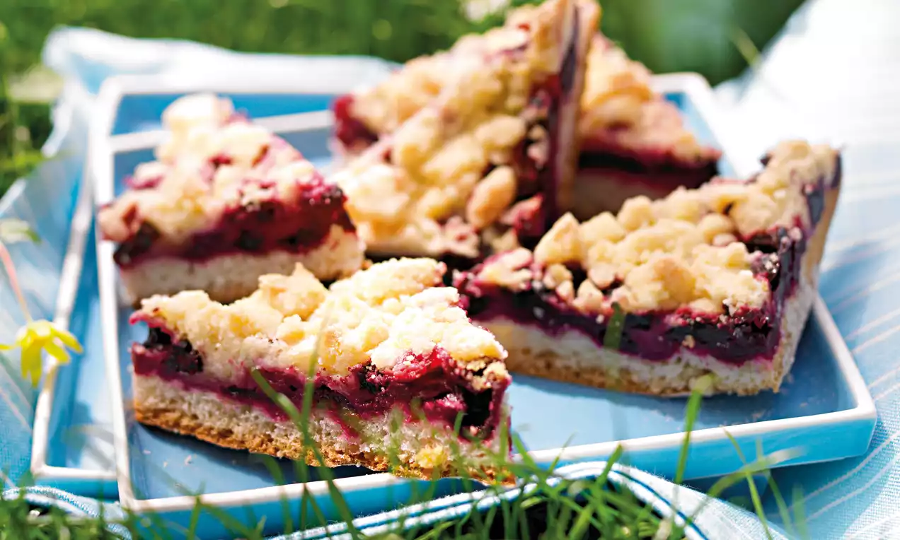 Heidelbeer-Streusel-Schnitten: rechteckige Stücke mit tiefblauer Füllung, goldbraunen Streuseln und Puderzucker auf weißem Teller