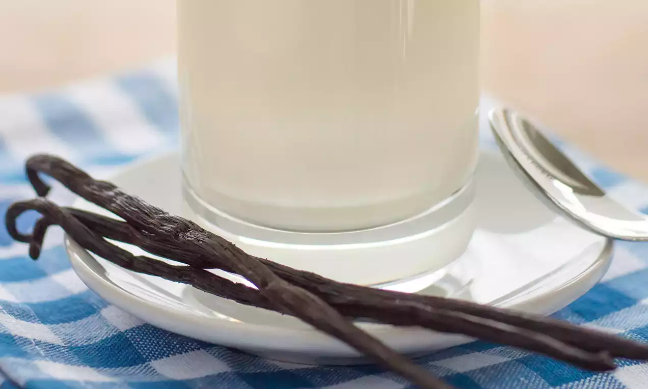 Een helder glas melk op een wit schoteltje met een zilveren lepel, omlijst door twee vanillestokjes op een blauw geruit tafelkleed