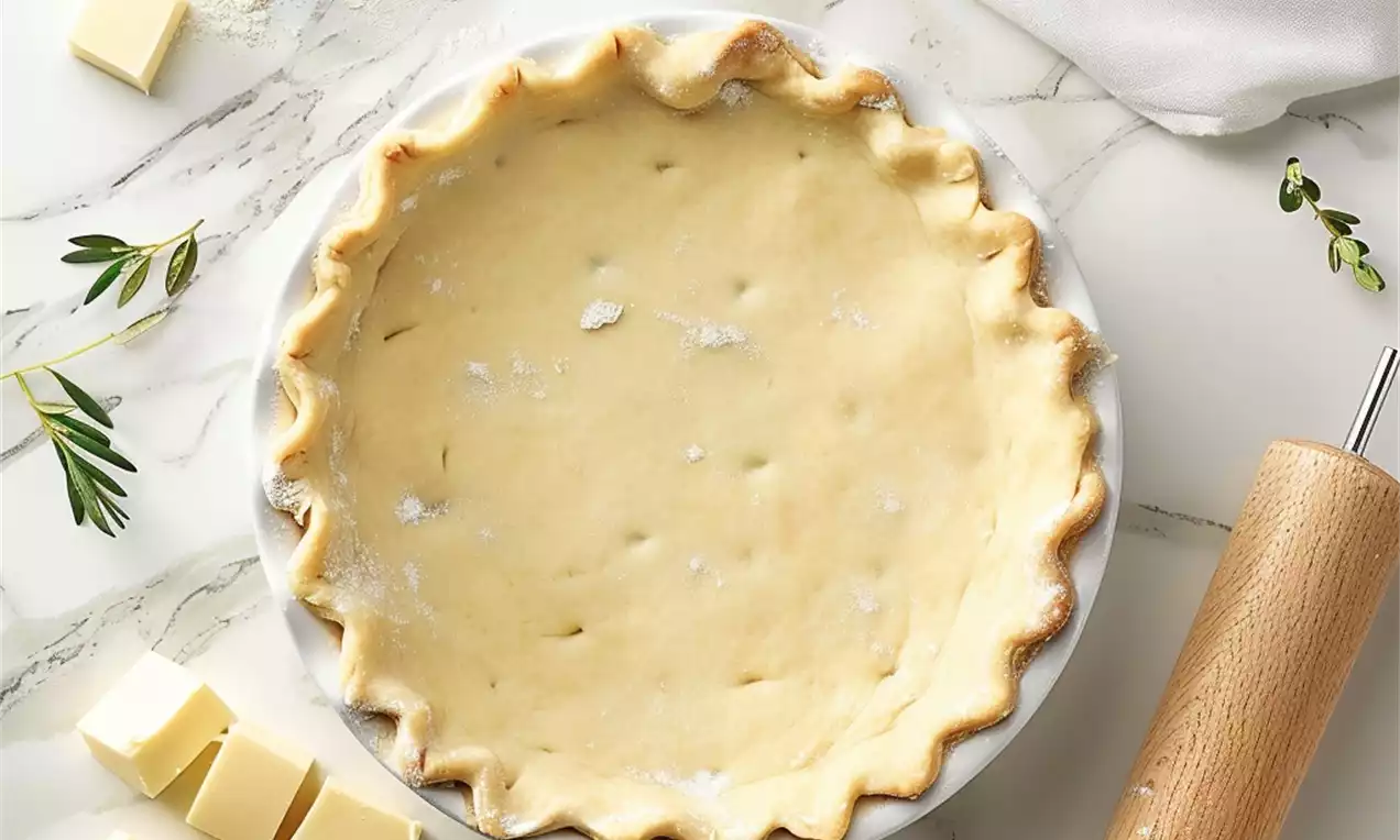 Golden pie crust with fluted edges in a white ceramic dish, surrounded by butter cubes, flour, a rolling pin, and sprigs of greenery
