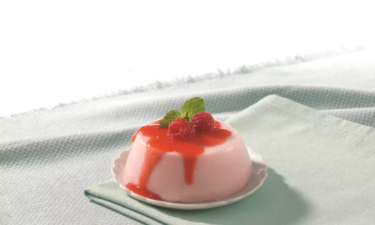 Soft pink raspberry jelly with creamy texture, drizzled with glossy red sauce, topped with fresh raspberries and mint on a plate