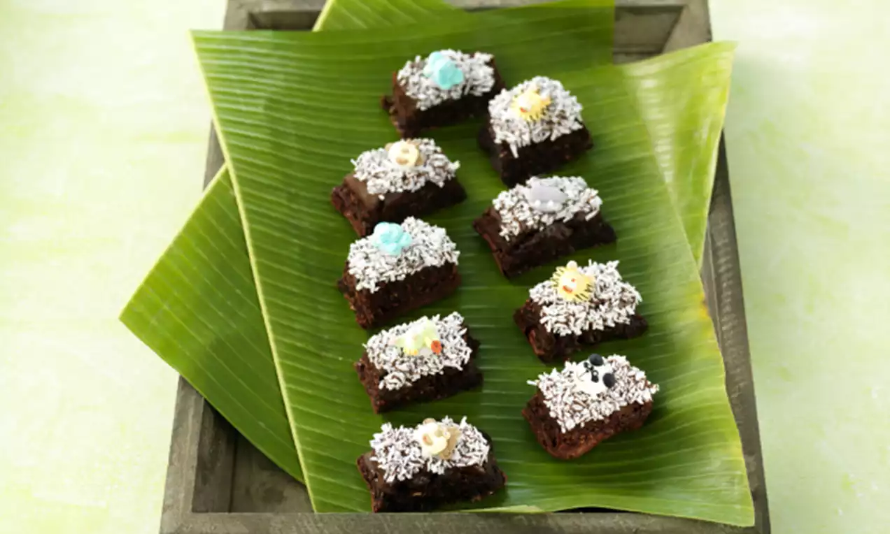 Firkantede brownies med mørk sjokoladebunn, hvitt revet kokos på toppen og små fargerike blomster, servert på grønne bananblader