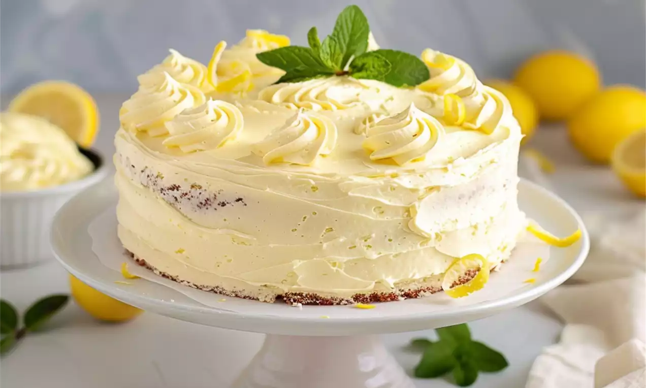 Round lemon cake with pale yellow frosting, swirls of cream, lemon zest curls, and a mint sprig on a white pedestal cake stand