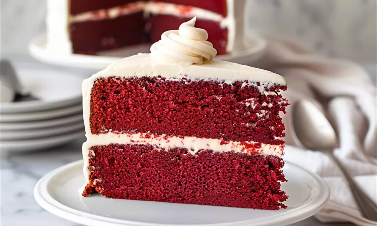 A slice of vibrant red velvet cake with two layers of cream cheese frosting, topped with a swirl of white frosting on a white pedestal