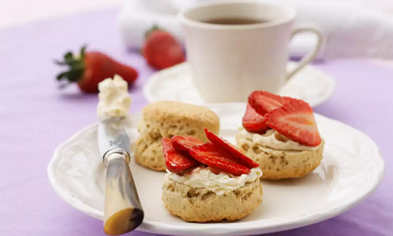 Vaaleat, kevyesti murenevat skonssit vaniljakerman ja tuoreiden mansikkaviipaleiden kera, valkoisella lautasella violettia kangasta vasten