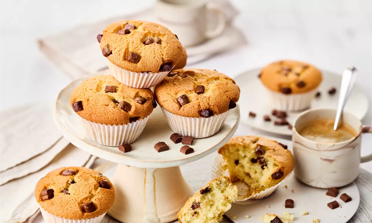 Muffins mit Schokostückchen, goldbraune fluffige Küchlein mit dunklen Schokostückchen in Papierförmchen auf rustikalem Holzbrett angerichtet