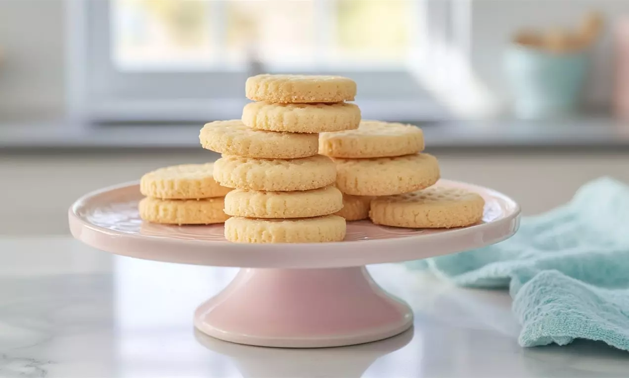 A stack of round, golden shortbread biscuits with scalloped edges on a pastel pink cake stand, set on a marble countertop with a soft blue cloth nearby