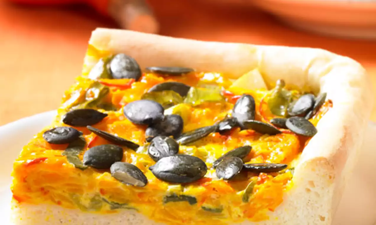 Quadratisches Stück pikanter Kürbiskuchen mit gelb-orangefarbener Füllung, grünen Kürbiskernen auf hellem Hefeboden auf weißem Teller