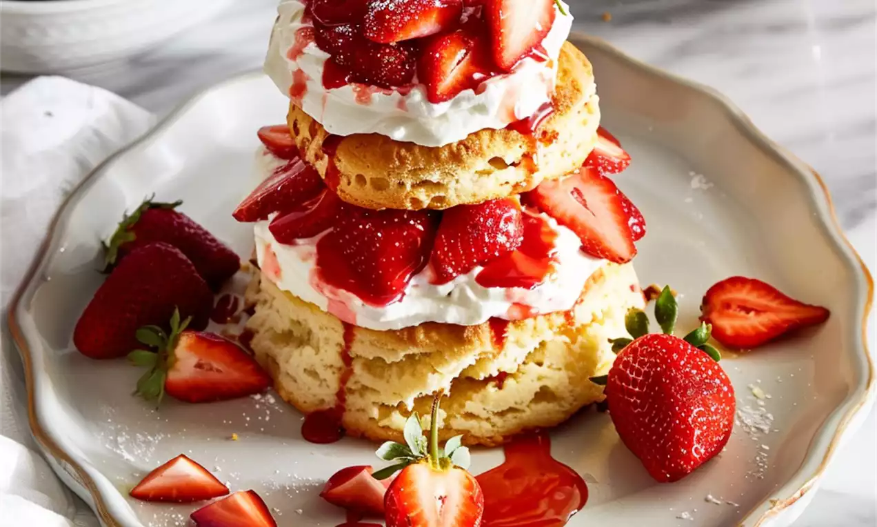 Layered strawberry shortcake with golden biscuits, whipped cream, vibrant red strawberries, and syrup on a white scalloped plate
