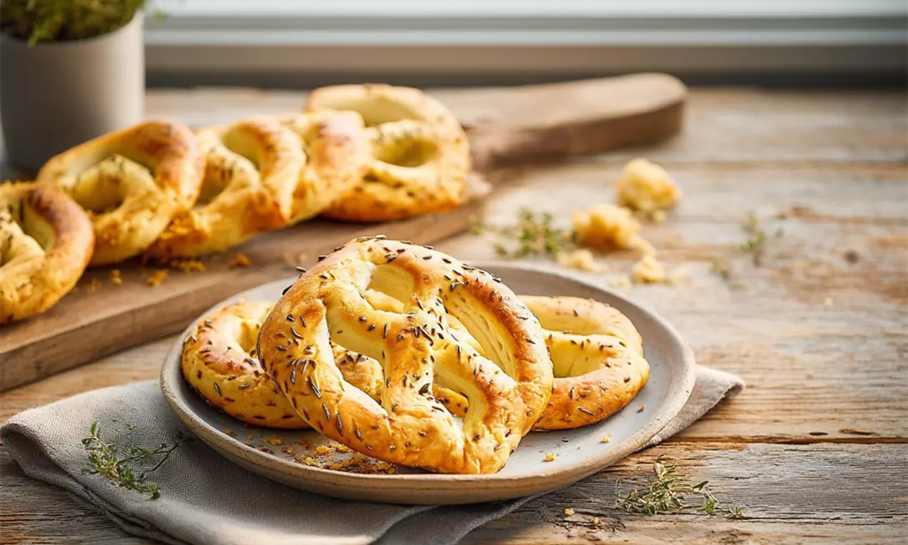 3 Fastenwähen liegen auf einem Teller, darunter liegt eine Serviette, im Hintergrund ist eine Thymianpflanze sichtbar.
