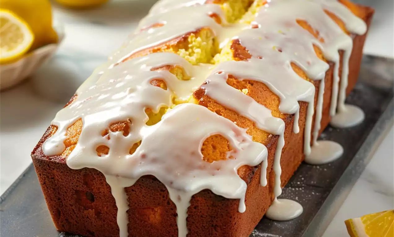 Cake citron doré à la texture moelleuse, glacé de sucre blanc brillant coulant sur les côtés, posé sur un plateau gris avec des citrons jaunes autour