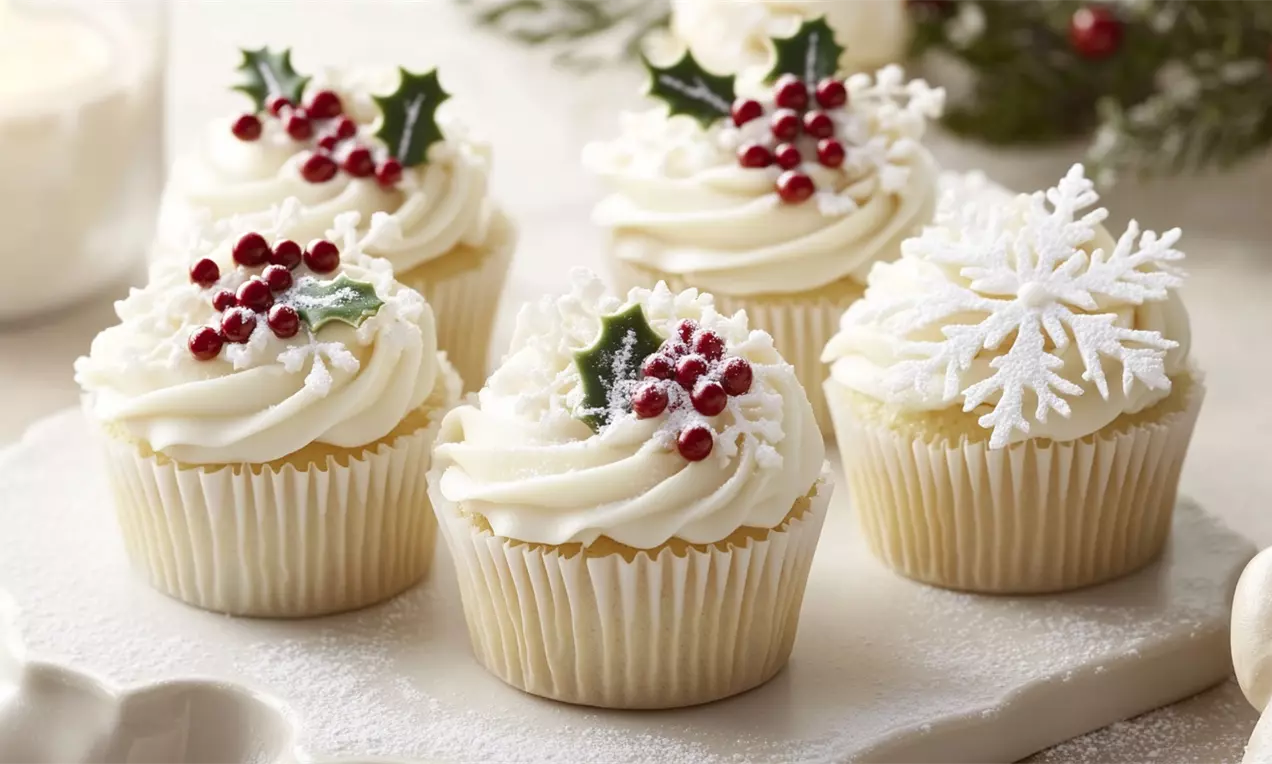 Cupcakes de baunilha cobertos com creme branco em espirais, decorados com flocos de neve e folhas verdes com pequenas frutas vermelhas