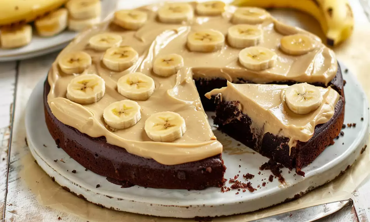 Round chocolate cake with glossy caramel-colored frosting, topped with banana slices, on a white plate with a peeled banana nearby