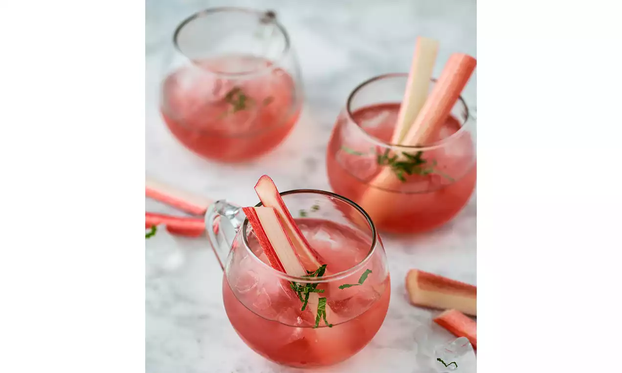 Sirop rose translucide avec bâtonnets de rhubarbe rouge pâle et vert tendre, décoré de feuilles de menthe dans des verres arrondis