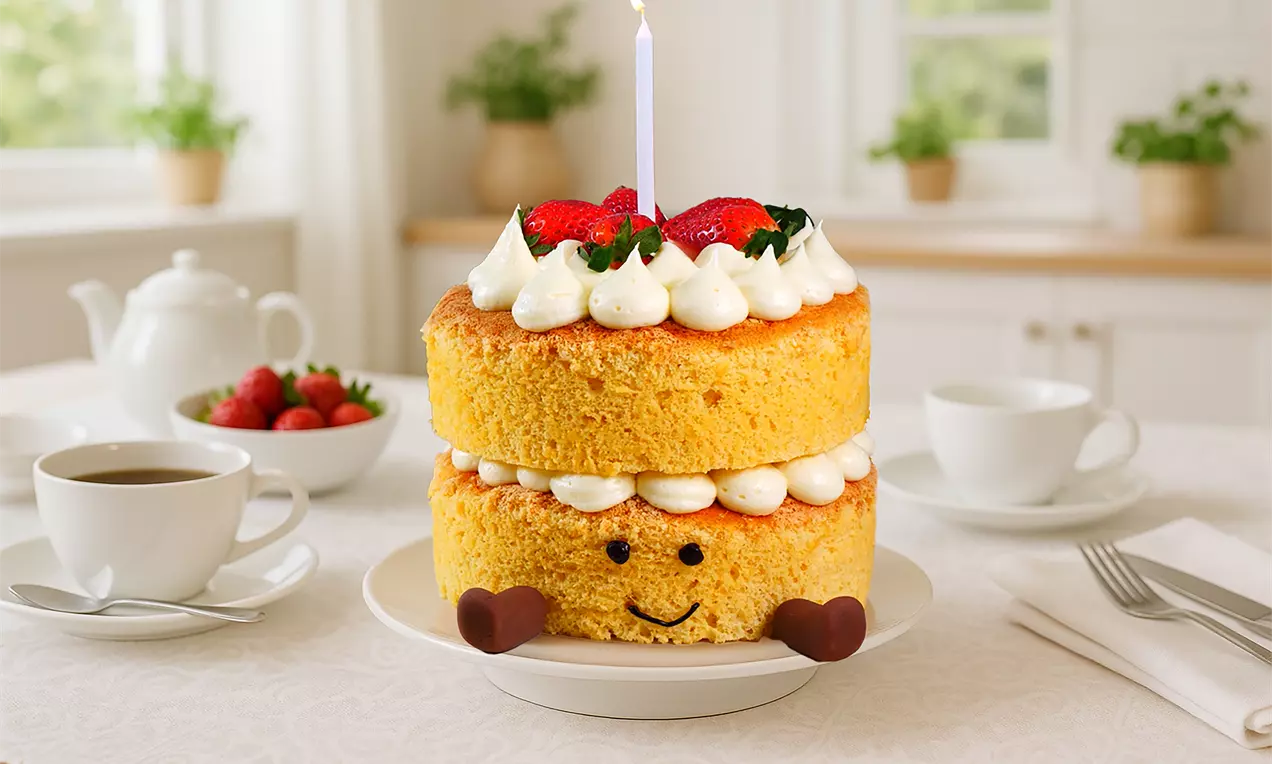 Zweistöckiger, goldgelber Biskuitkuchen mit Sahnetupfen, frischen Erdbeeren, Schokoladenfüßen, lächelndem Gesicht und brennender Kerze