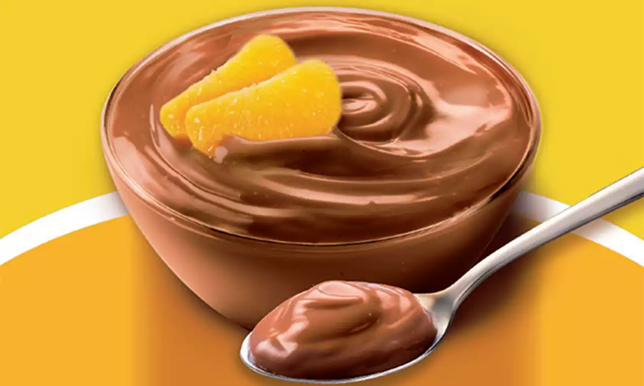 Gladde koffiemousse in een bruine glazen kom, bovenop gegarneerd met twee feloranje sinaasappelpartjes, met een lepel mousse ernaast